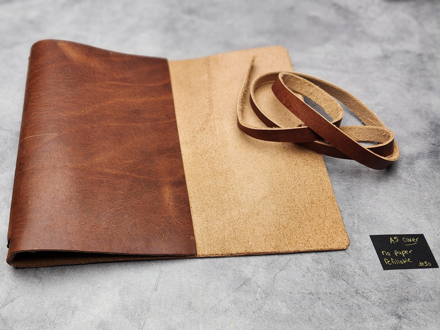 Misprint sale A5 (5.5x8.5") REFILLABLE leather wrap journal cover- tan (#30) COVER ONLY "Katie"