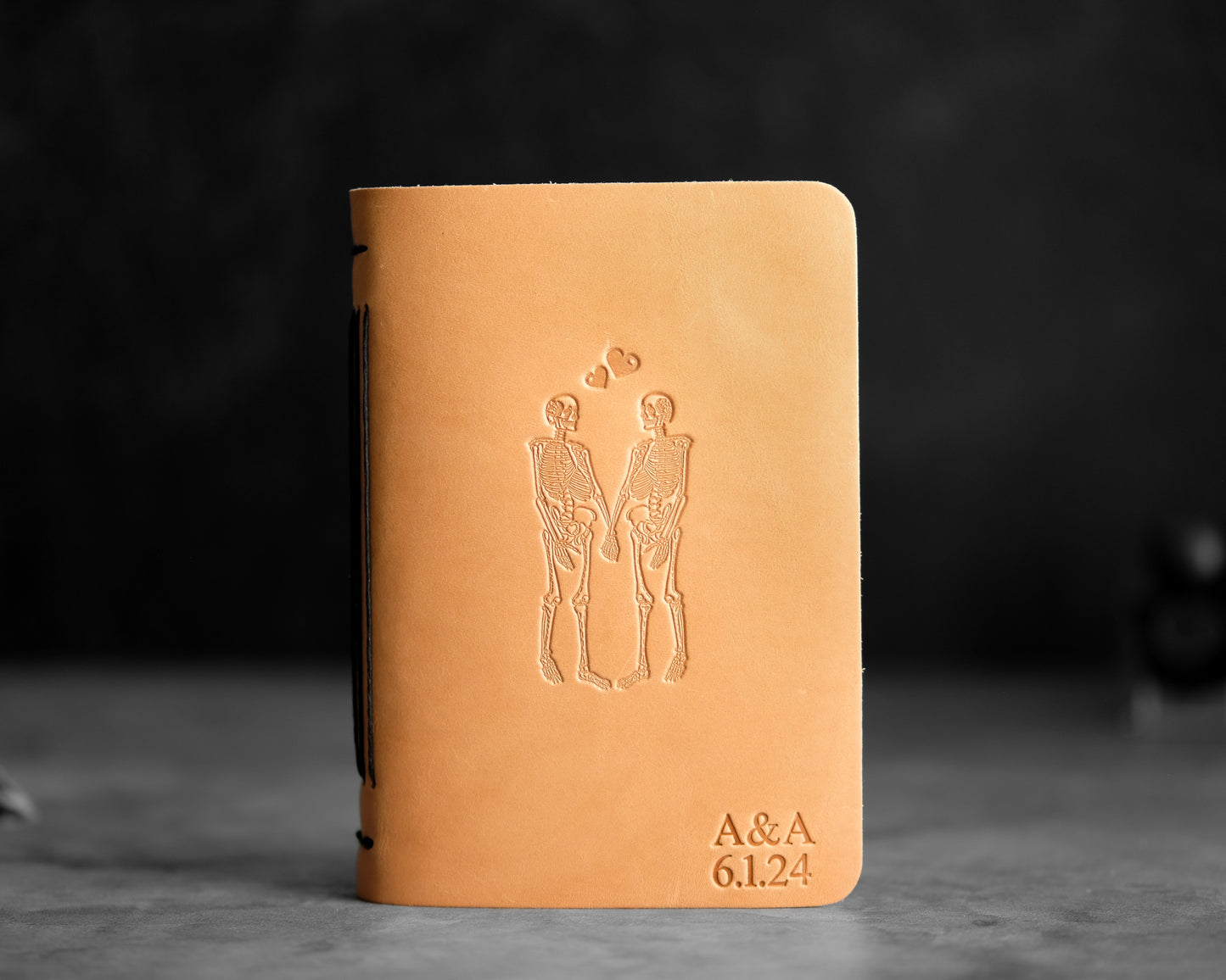 Personalized Leather Journal with Skeleton Couple - Black