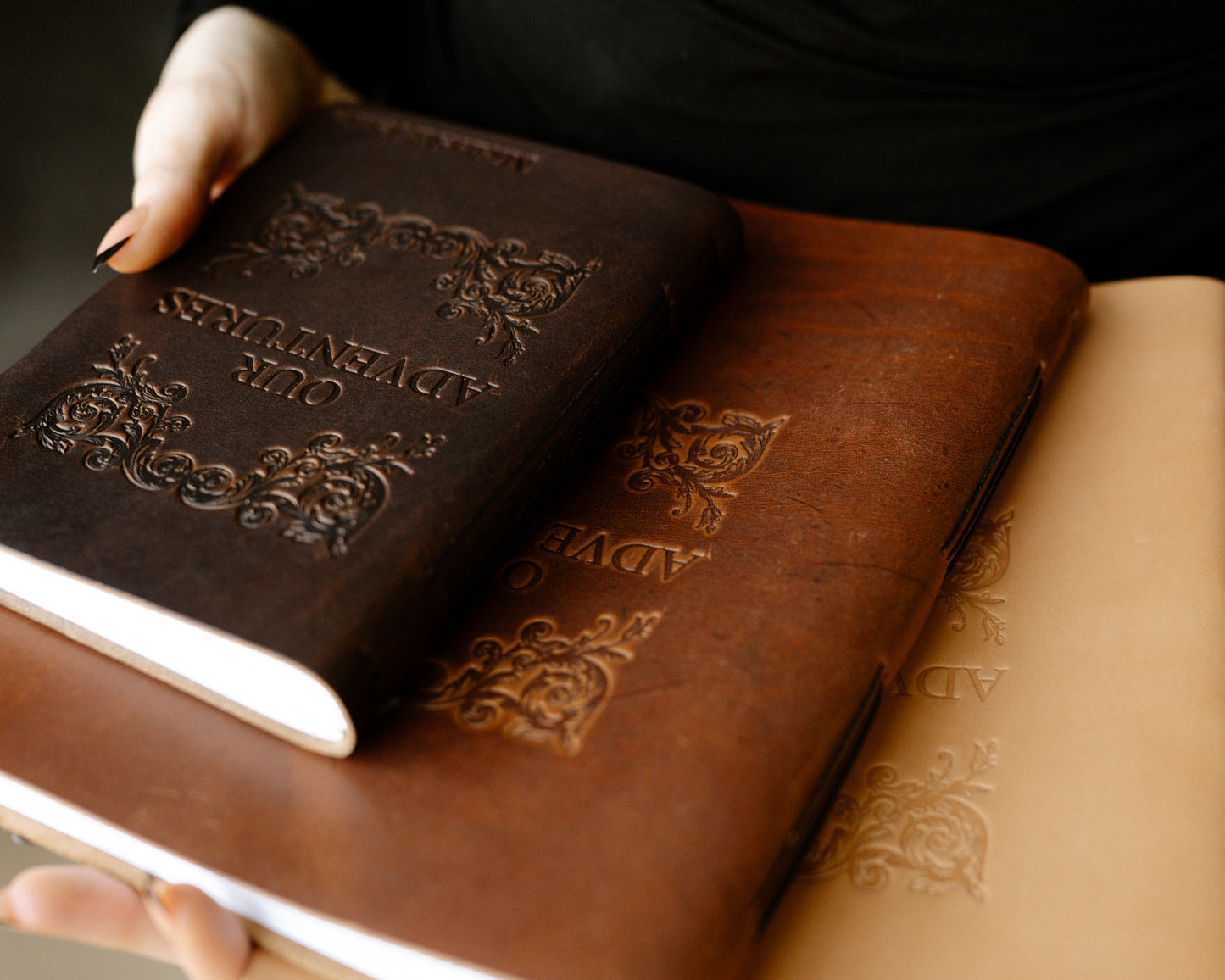 Personalized Leather Wedding Guestbook with Skeleton Couple + Our Adventures (2 book set)