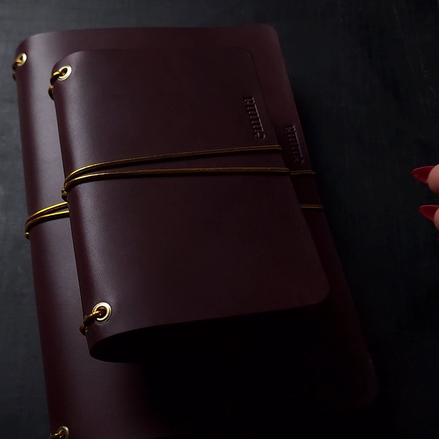 a5 oxblood trifold journal cover with gold elastics (one cover, no paper)