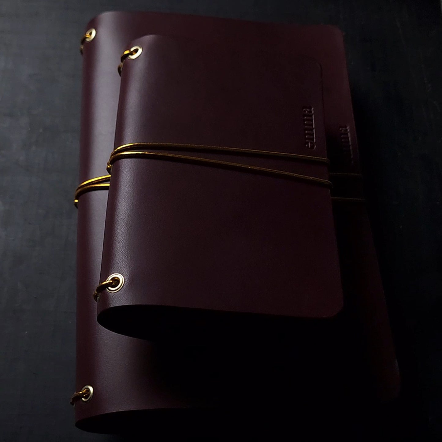 a5 oxblood trifold journal cover with gold elastics (one cover, no paper)