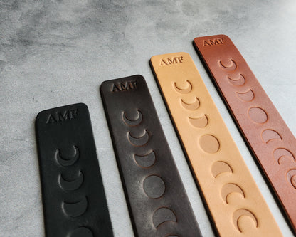 Personalized Leather Bookmark with Moon Phases and Custom Initials or Date
