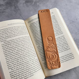 Custom Leather Bookmark with Skeleton Reading Holding a Cat & Initials or Date