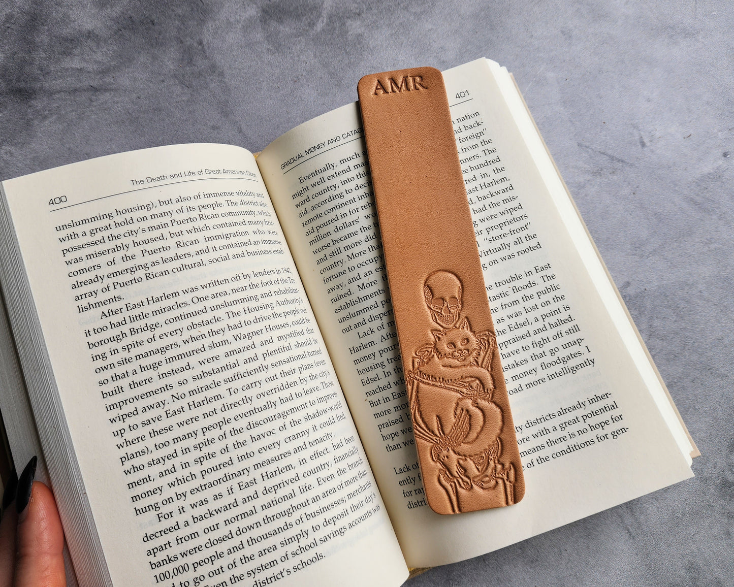 Custom Leather Bookmark with Skeleton Reading Holding a Cat & Initials or Date