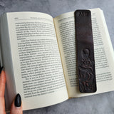 Custom Leather Bookmark with Skeleton Reading Holding a Cat & Initials or Date