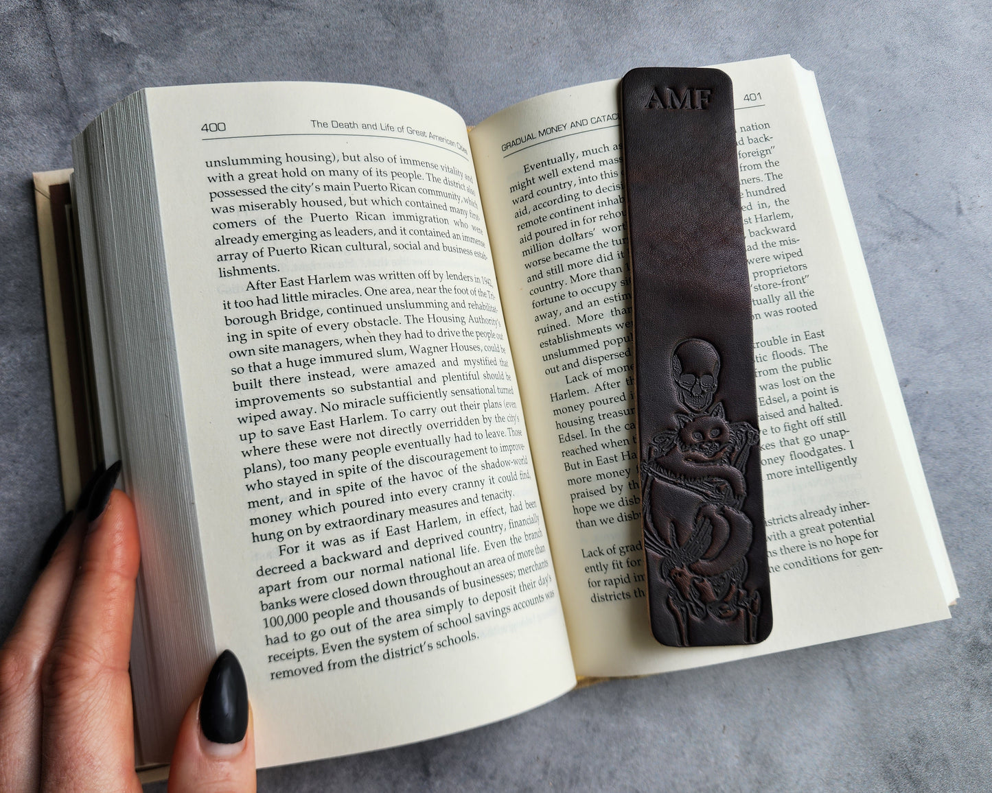 Custom Leather Bookmark with Skeleton Reading Holding a Cat & Initials or Date
