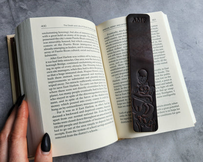 Custom Leather Bookmark with Skeleton Reading Holding a Cat & Initials or Date