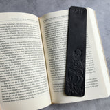 Custom Leather Bookmark with Skeleton Reading Holding a Cat & Initials or Date