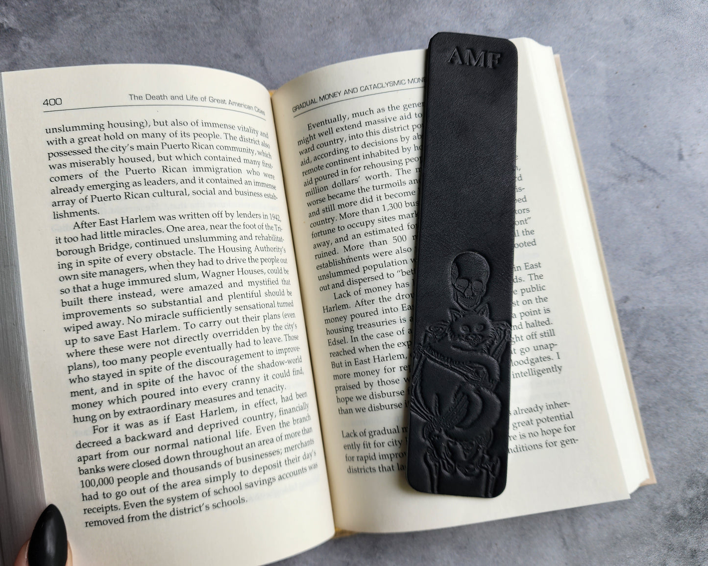 Custom Leather Bookmark with Skeleton Reading Holding a Cat & Initials or Date