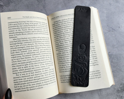 Custom Leather Bookmark with Skeleton Reading Holding a Cat & Initials or Date
