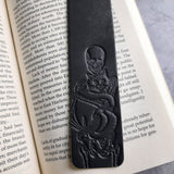 Custom Leather Bookmark with Skeleton Reading Holding a Cat & Initials or Date