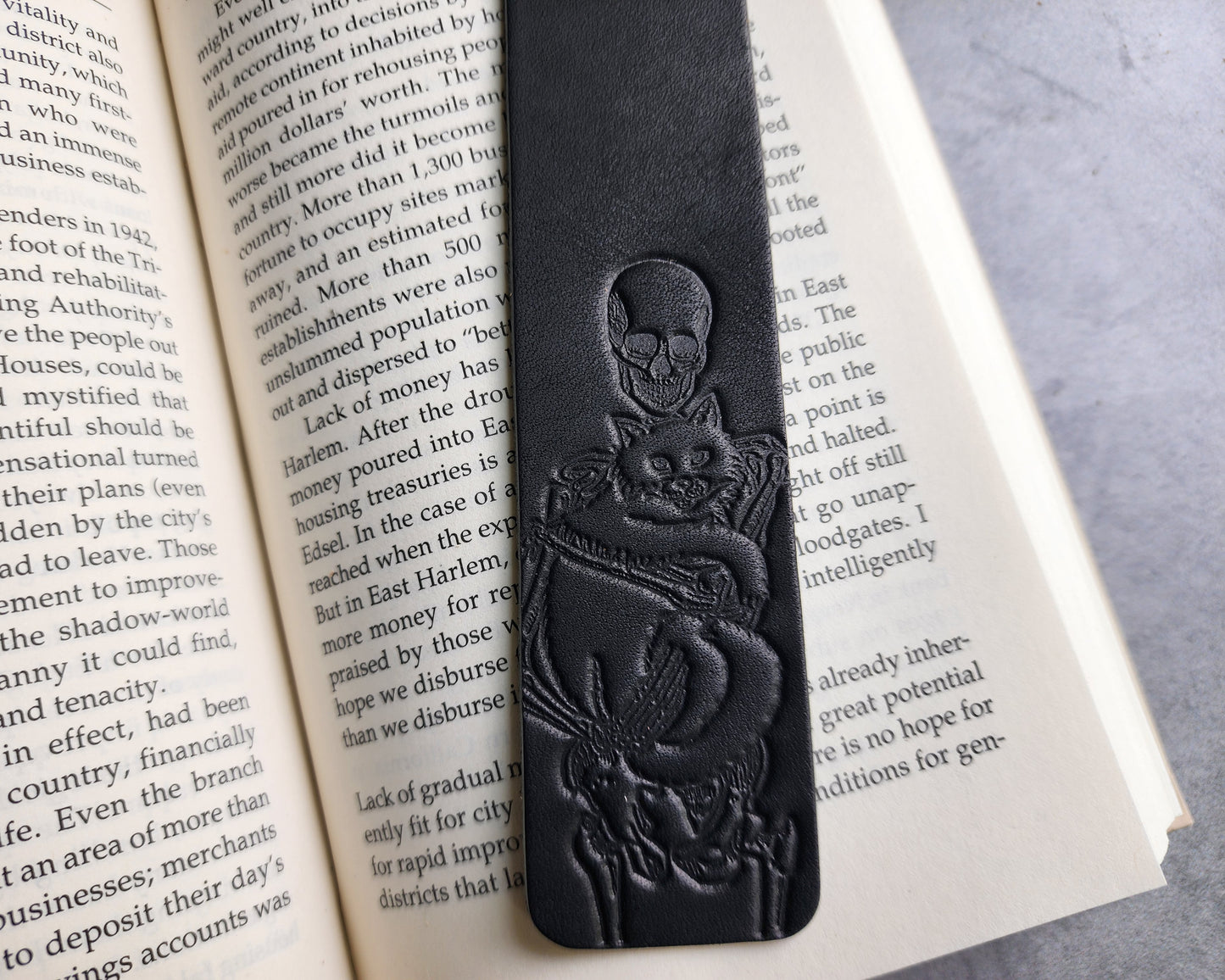 Custom Leather Bookmark with Skeleton Reading Holding a Cat & Initials or Date