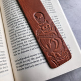 Custom Leather Bookmark with Skeleton Reading Holding a Cat & Initials or Date