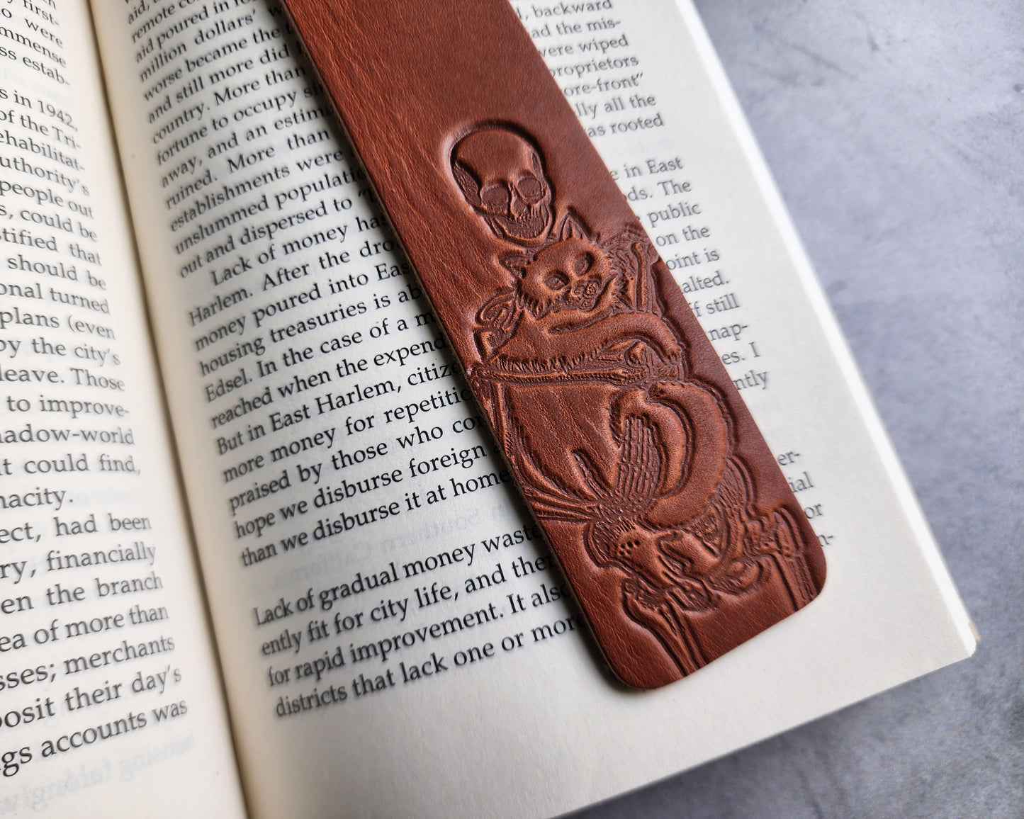 Custom Leather Bookmark with Skeleton Reading Holding a Cat & Initials or Date