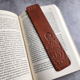 Custom Leather Bookmark with Skeleton Reading Holding a Cat & Initials or Date