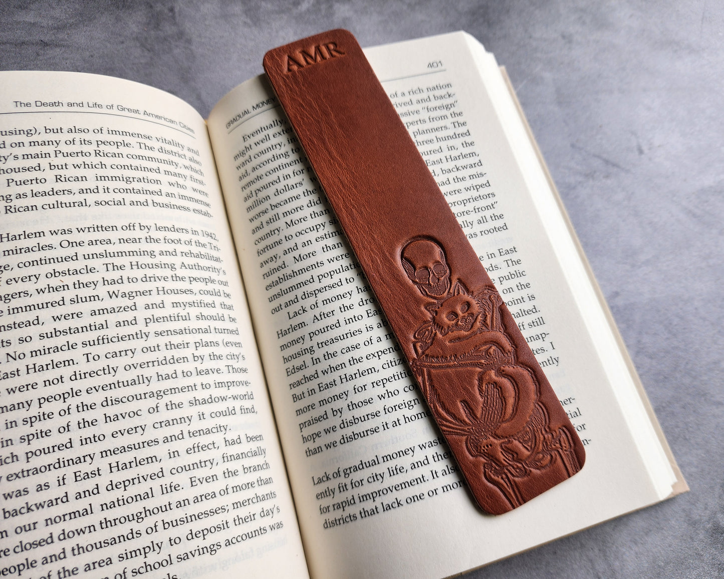 Custom Leather Bookmark with Skeleton Reading Holding a Cat & Initials or Date