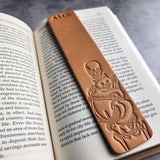 Custom Leather Bookmark with Skeleton Reading Holding a Cat & Initials or Date