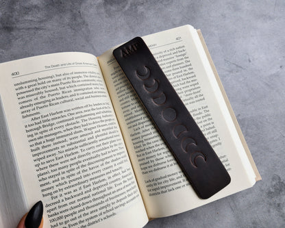 Personalized Leather Bookmark with Moon Phases and Custom Initials or Date