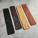 Custom Leather Bookmark with Skeleton Reading Holding a Cat & Initials or Date
