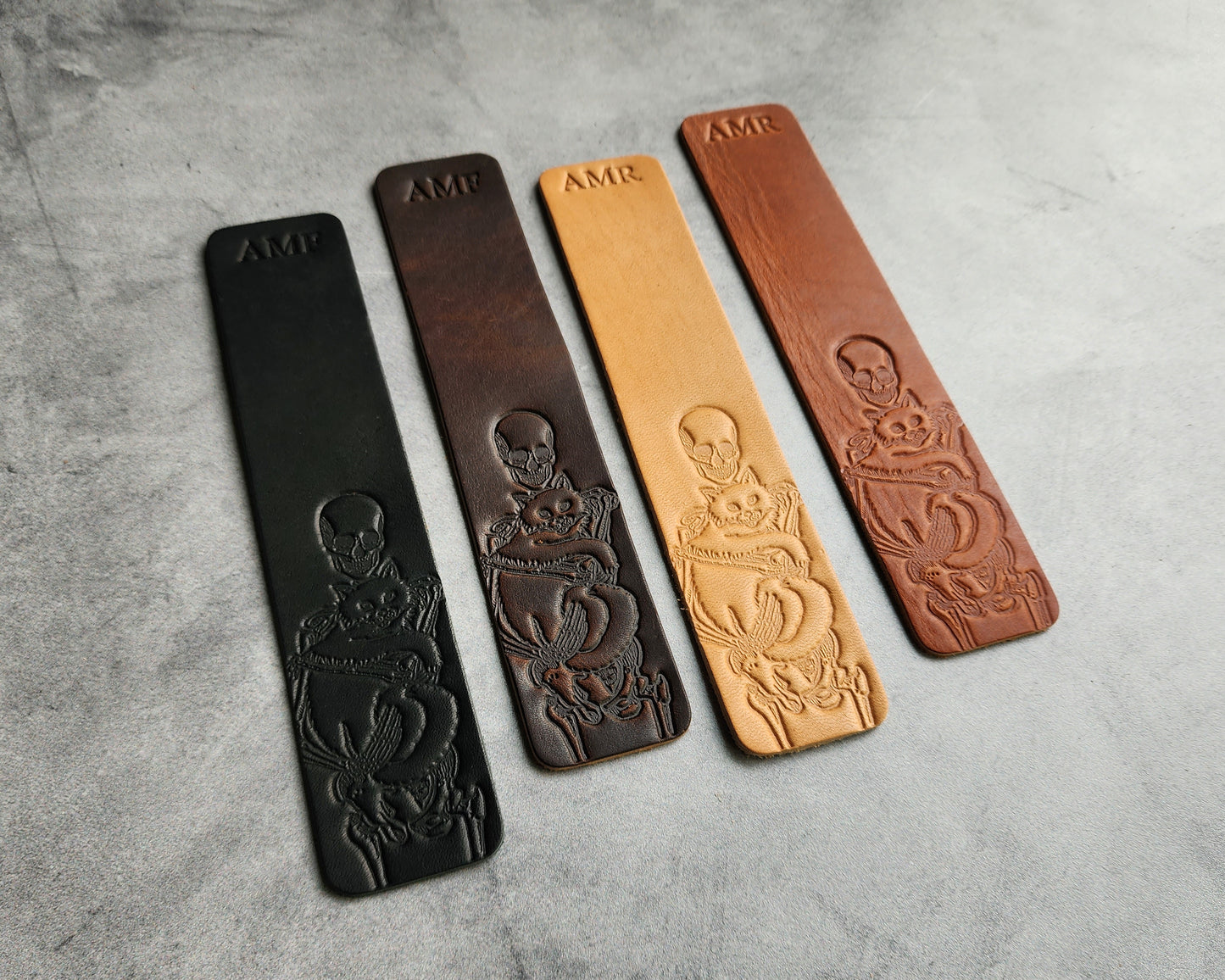 Custom Leather Bookmark with Skeleton Reading Holding a Cat & Initials or Date