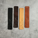 Custom Leather Bookmark with Skeleton Reading Holding a Cat & Initials or Date