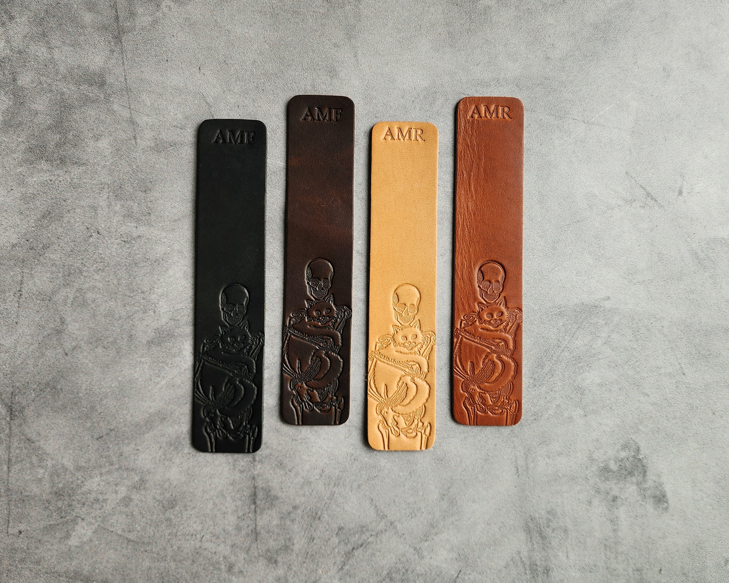 Custom Leather Bookmark with Skeleton Reading Holding a Cat & Initials or Date