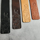 Custom Leather Bookmark with Skeleton Reading Holding a Cat & Initials or Date