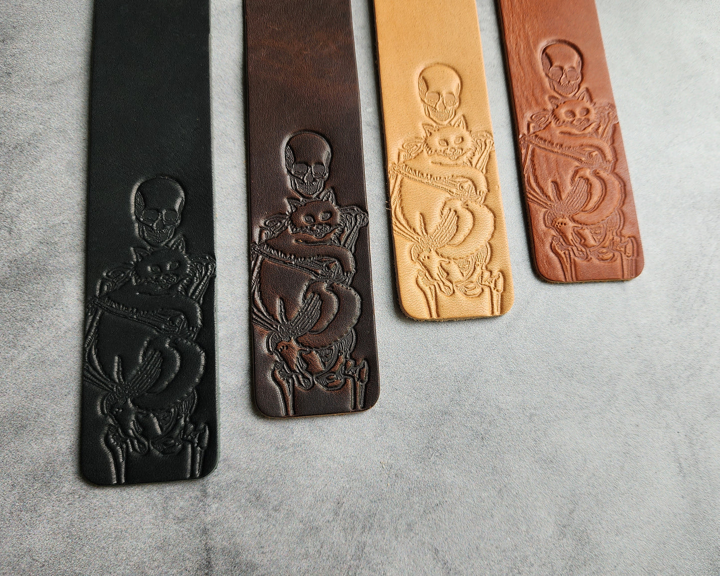 Custom Leather Bookmark with Skeleton Reading Holding a Cat & Initials or Date