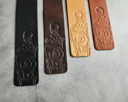Custom Leather Bookmark with Skeleton Reading Holding a Cat & Initials or Date