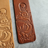 Custom Leather Bookmark with Skeleton Reading Holding a Cat & Initials or Date