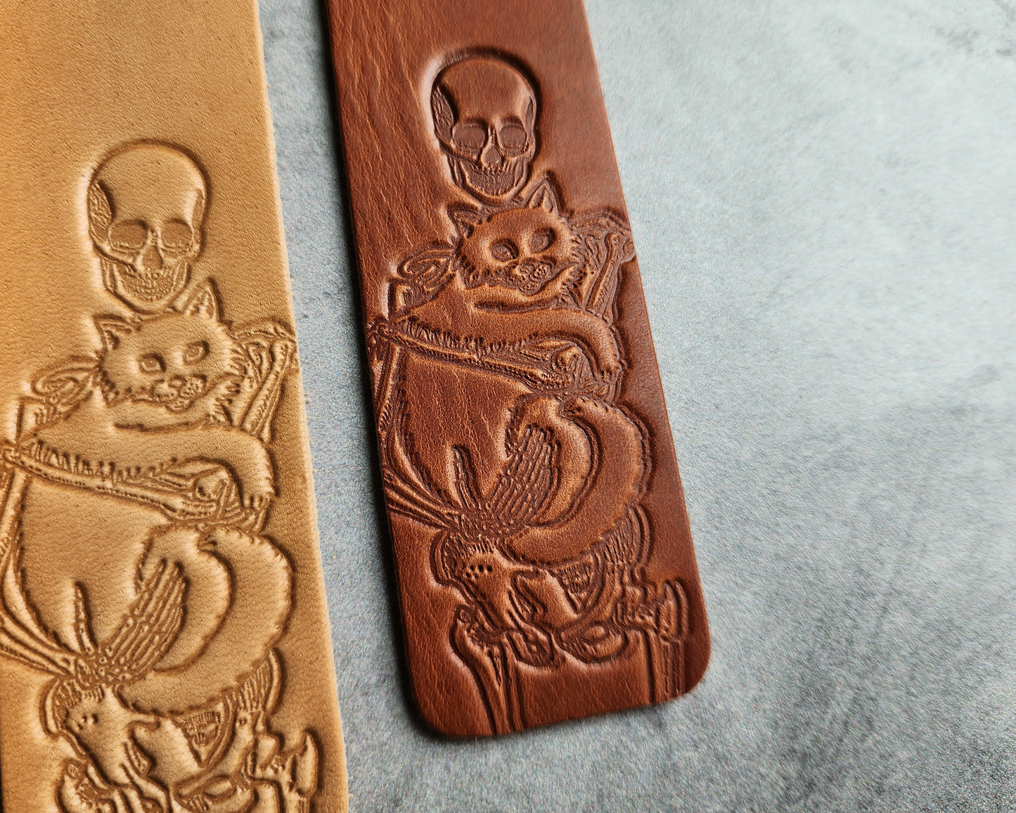 Custom Leather Bookmark with Skeleton Reading Holding a Cat & Initials or Date