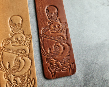 Custom Leather Bookmark with Skeleton Reading Holding a Cat & Initials or Date