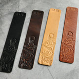 Custom Leather Bookmark with Skeleton Reading Holding a Cat & Initials or Date