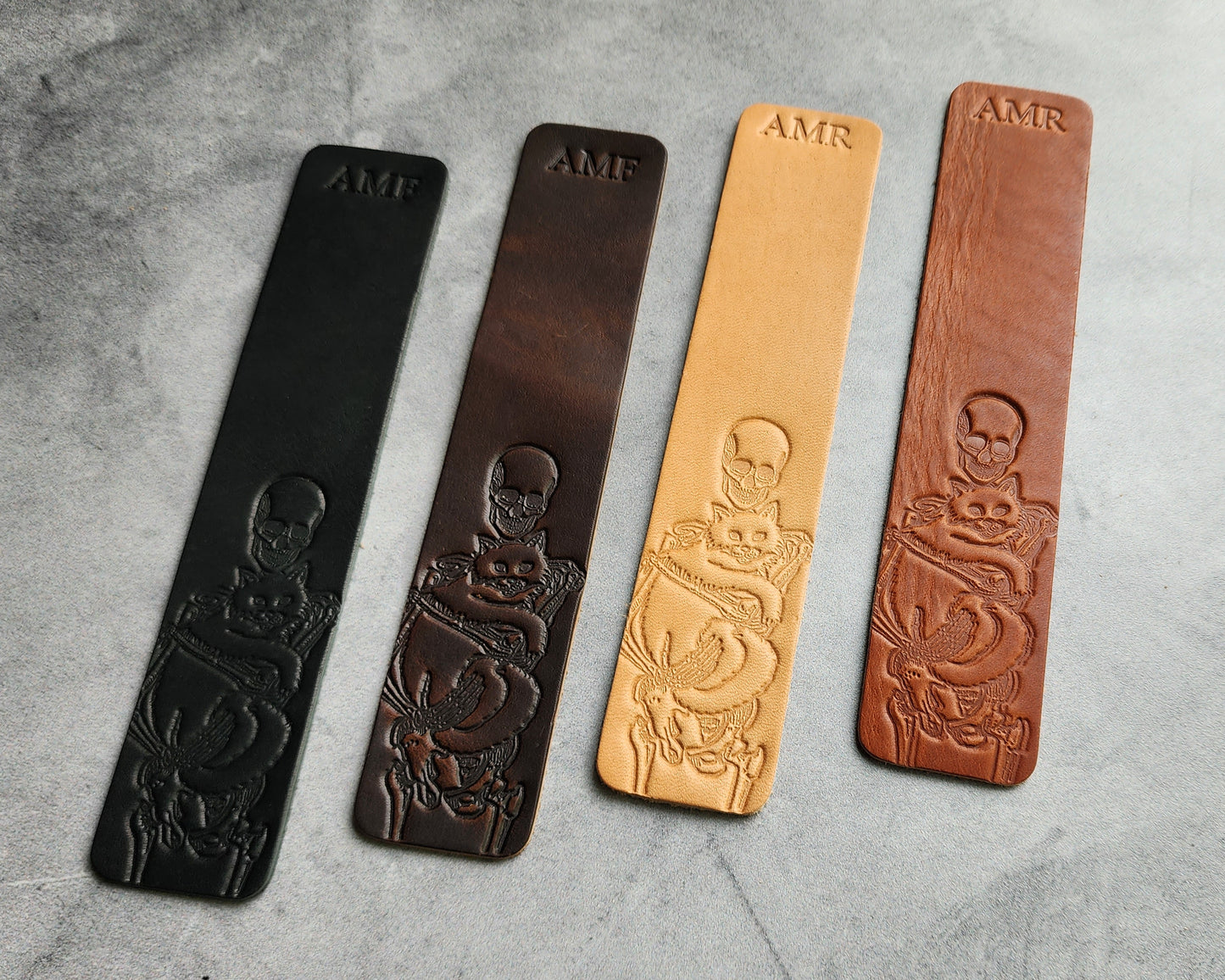 Custom Leather Bookmark with Skeleton Reading Holding a Cat & Initials or Date