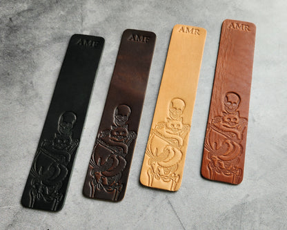 Custom Leather Bookmark with Skeleton Reading Holding a Cat & Initials or Date