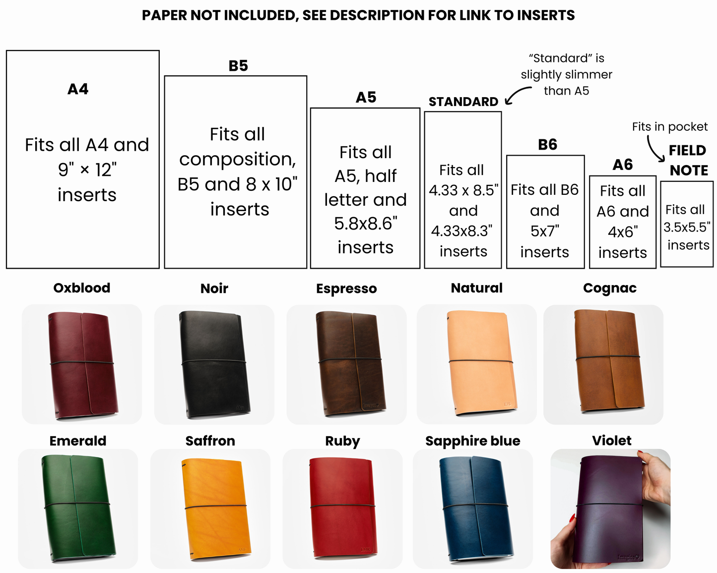 Refillable trifold leather journal cover - Inserts sold seperately