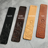 Custom Leather Bookmark with Skeleton Reading Holding a Cat & Initials or Date