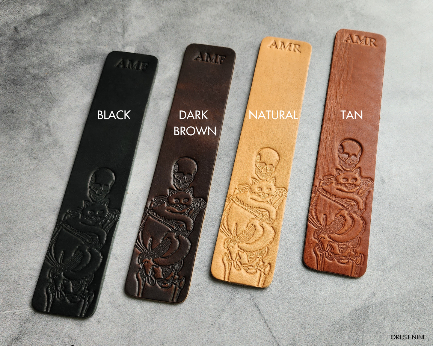 Custom Leather Bookmark with Skeleton Reading Holding a Cat & Initials or Date