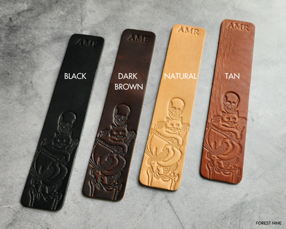 Custom Leather Bookmark with Skeleton Reading Holding a Cat & Initials or Date
