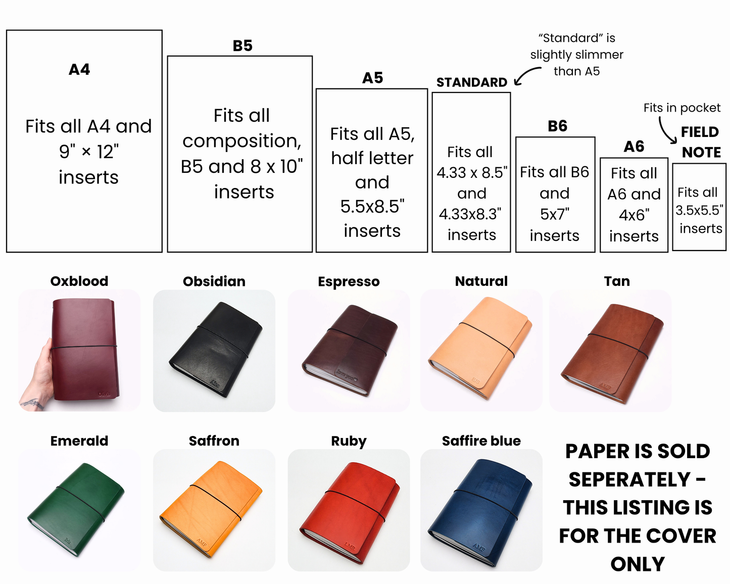 Refillable trifold leather journal cover - Inserts sold seperately
