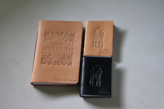 Personalized Leather Wedding Guestbook with Skeleton Couple + Our Adventures