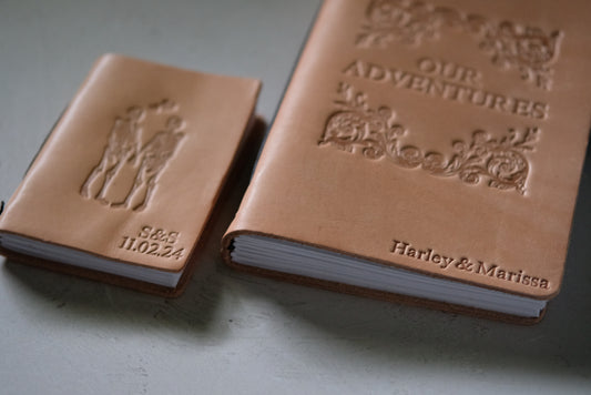 Personalized Leather Wedding Guestbook with Skeleton Couple + Our Adventures (2 book set)
