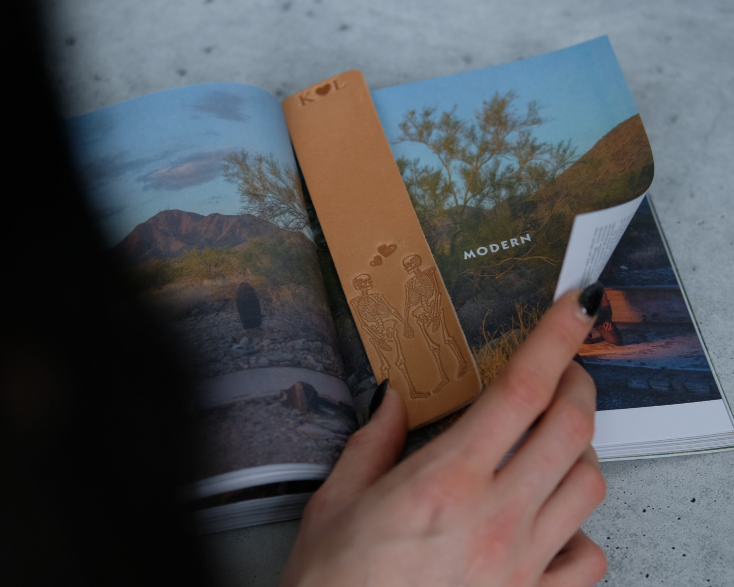 Customized Leather Bookmark with Skeleton Couple Holding Hands & Initials or Date