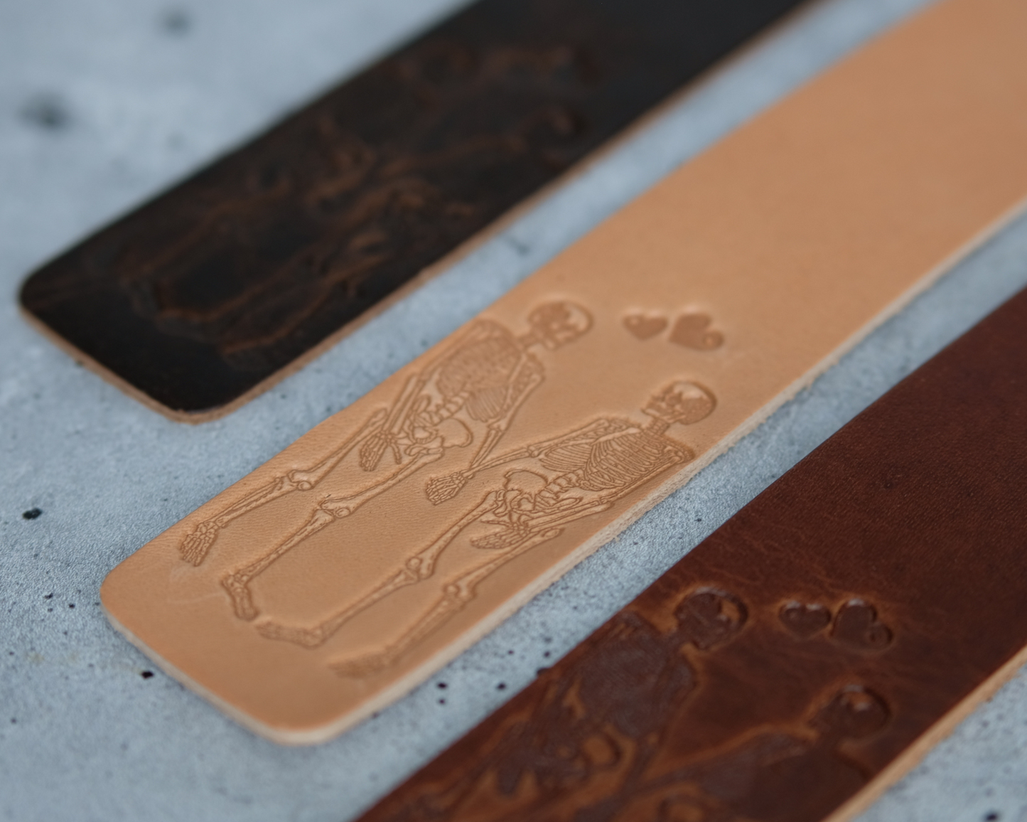 Customized Leather Bookmark with Skeleton Couple Holding Hands & Initials or Date