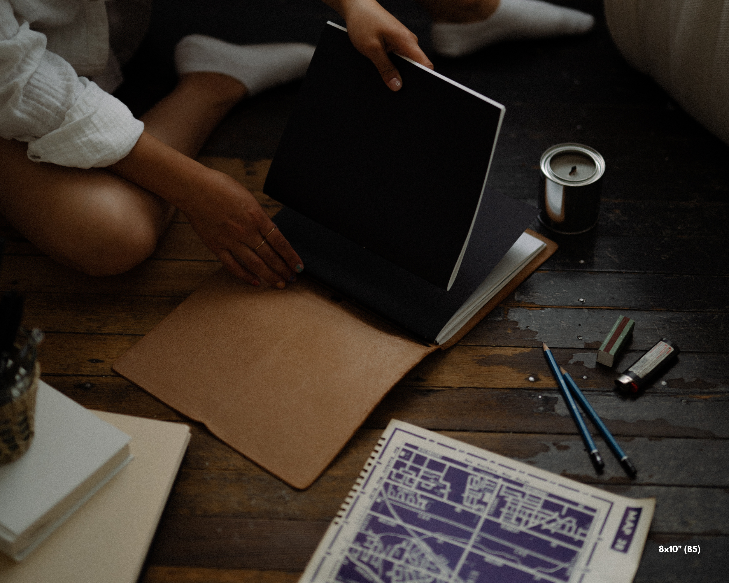 REFILLABLE Leather Notebook / Sketchbook with Elastic Closure - Black