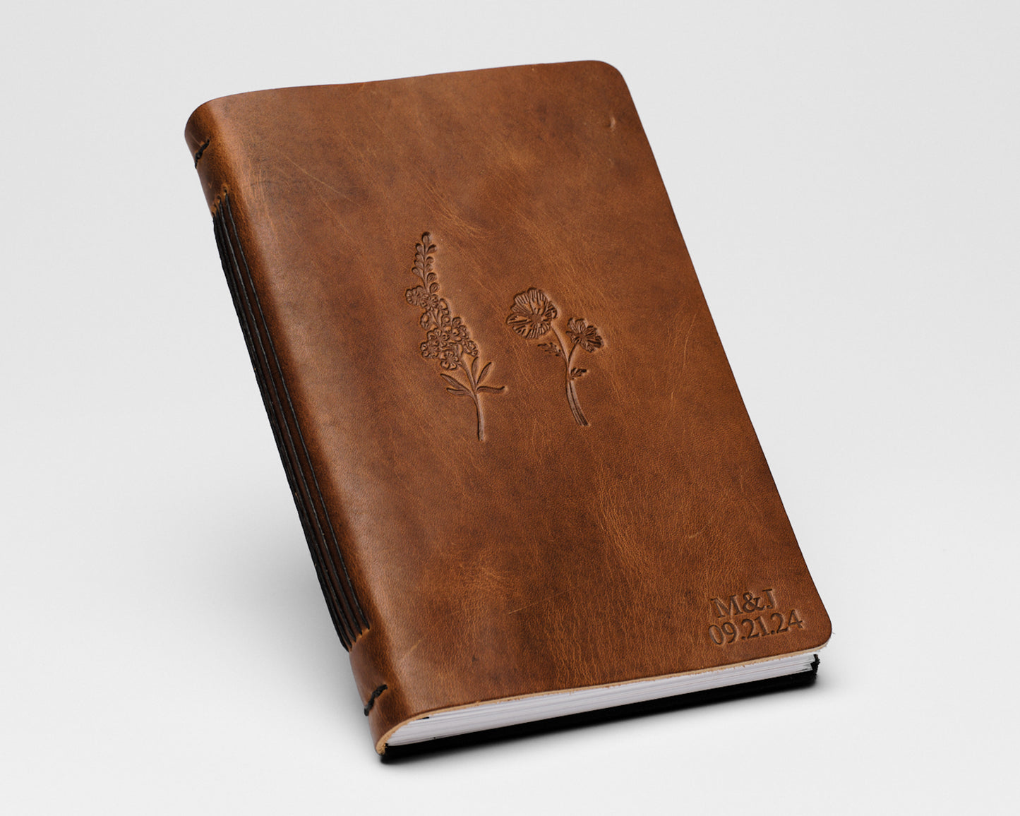 Leather Wedding Guestbook set with Month Flowers